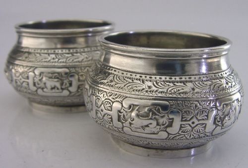 Pair of Horoscope Star Sign English Solid Sterling Silver Salt Cellars 1873 Antique 70g