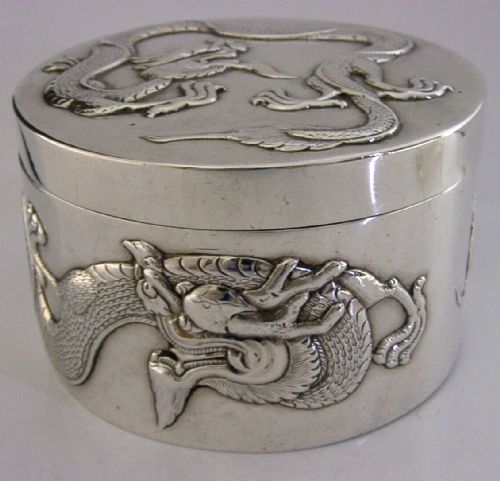Large 258g Rare Chinese Export Solid Silver Dragon Table Box C1900 Antique