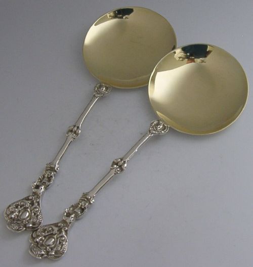 Super Pair of Edwardian Solid Sterling Silver Gilt Serving Spoons 1904 Antique 100g