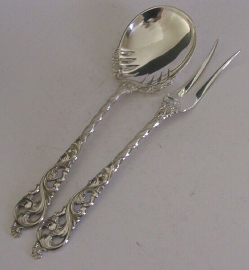 NORWEGIAN SOLID SILVER SERVING FORK AND SPOON SERVERS c1940 DOBBEL ROKOKKO 86g