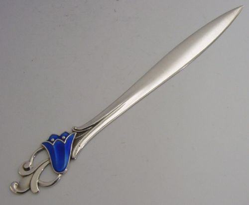 Beautiful Norwegian Sterling Silver Enamel Bluebell Flower Letter Opener C1950
