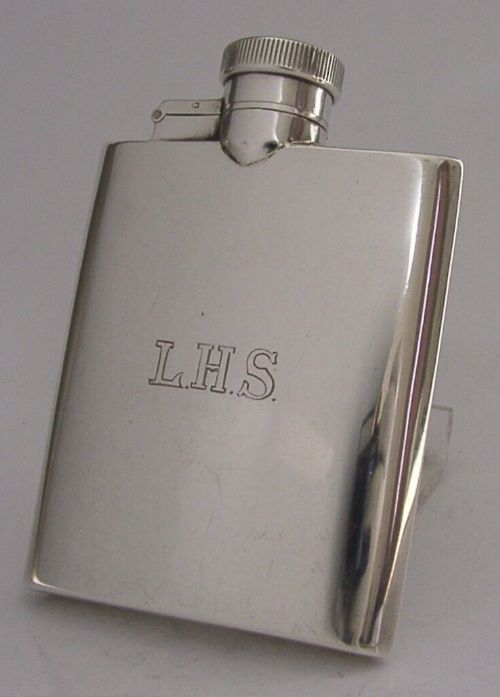 STYLISH ENGLISH SOLID STERLING SILVER SPIRIT HIP FLASK 1913 ANTIQUE 98g