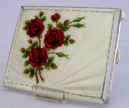 Beautiful Large Sterling Silver Enamel Roses Cigarette Case 1959 English 172g