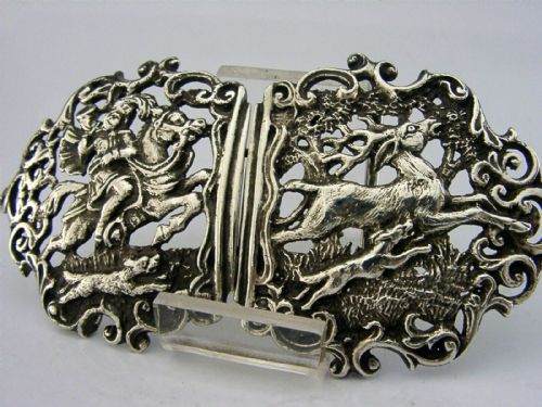 Beautiful Cast English Sterling Silver Nursing Belt Buckle 1891 Stag Hunting