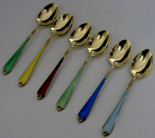 Six Beautiful English Sterling Silver Gilt Enamel Spoons 1957