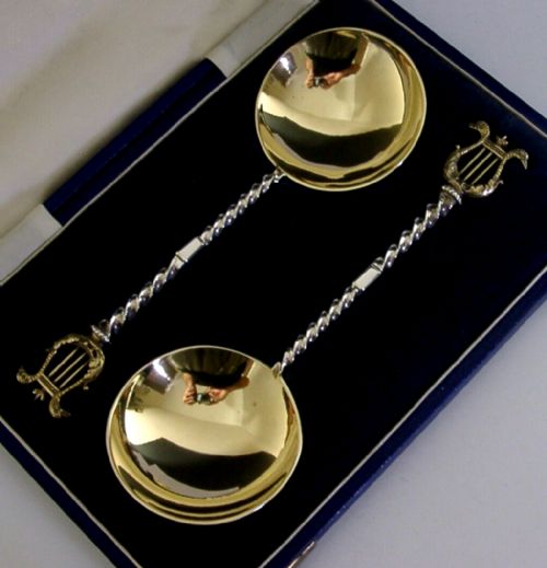 Rare Pair of Sterling Silver Serving Spoons Lyre Harp 1902 Antique 112g Cased