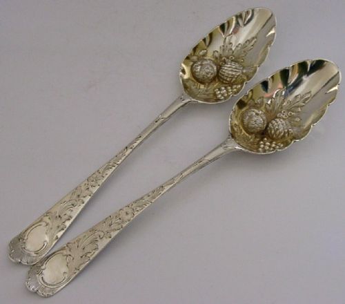 Pair of Georgian Sterling Silver Berry Serving Spoons Early 1776 & 1790 Antique 112g