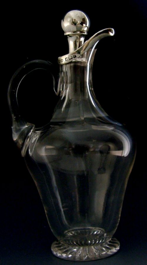 RARE ENGLISH STERLING SILVER GLASS NOGGIN WHISKY DECANTER JUG 1902 ANTIQUE