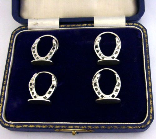Four Lucky Horse Shoe Sterling Silver Menu Place Card Holders 1930s Cased