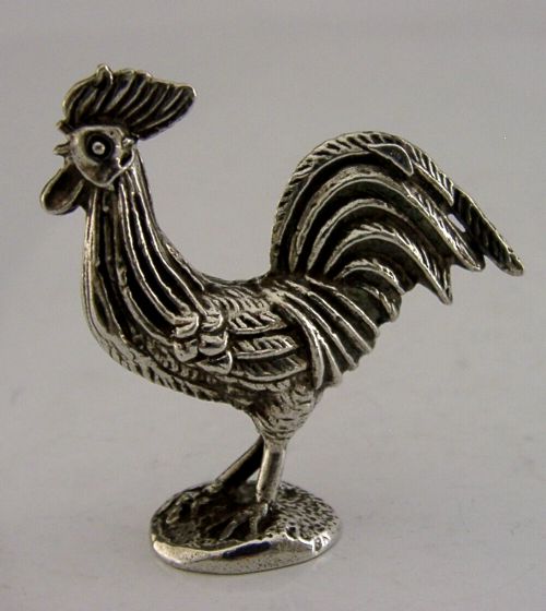 SOLID SILVER MINIATURE HEN CHICKEN ROOSTER ANIMAL BIRD FIGURE c1960