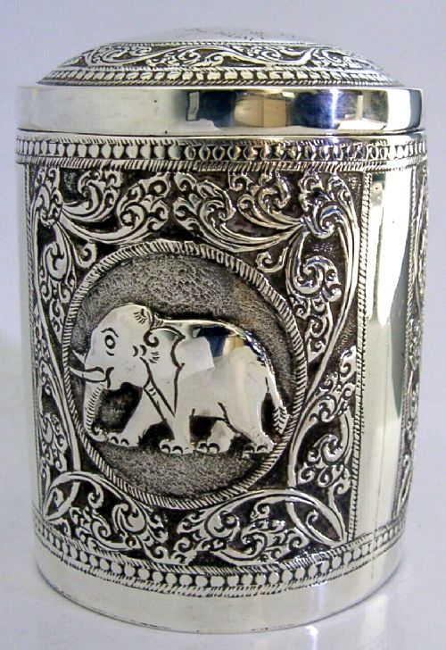 CEYLON NADARAJA PRESS SOLID SILVER TABLE BOX TEA CADDY c1920 ANTIQUE 150g