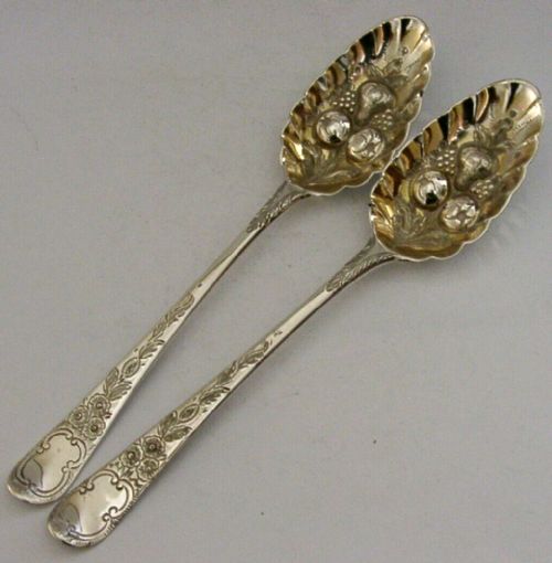 Pair of Beautiful Georgian Sterling Silver Berry Serving Spoons 1784 Antique