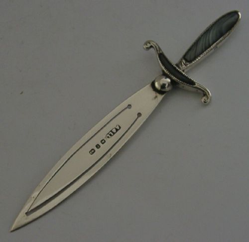 Rare English Victorian Sterling Silver Agate Bookmark Page Maker 1898 Antique