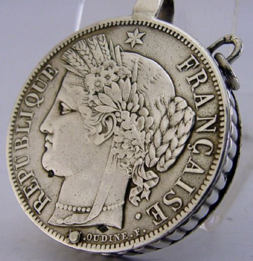 Rare Solid Silver 5 Francs Coin Cased Magnifying Glass C1920 Antique Unusual
