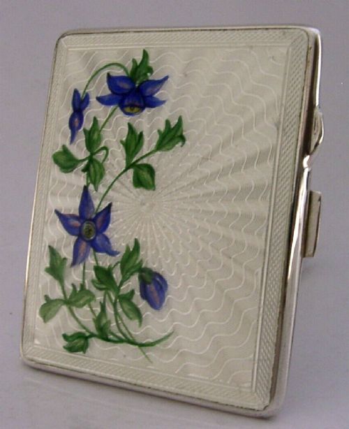 STERLING SILVER ENAMEL BLUE WILD FLOWER CIGARETTE CASE 1951 ANTIQUE SUPERB