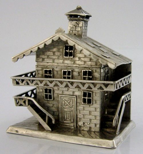 SUPERB DUTCH SOLID SILVER HOUSE CABIN BOX for THIMBLE 1908 ANTIQUE NEEDLEWORK