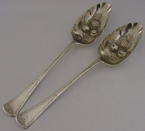 Pair of Heavy 176g English Antique Sterling Silver Berry Serving Spoons 1867 Victorian