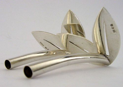 Mid Century Modern Pair of English Solid Sterling Silver Specimen Vases 1956