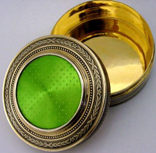 Best Quality French Antique Sterling Silver Green Enamel Table Box C1900 86g