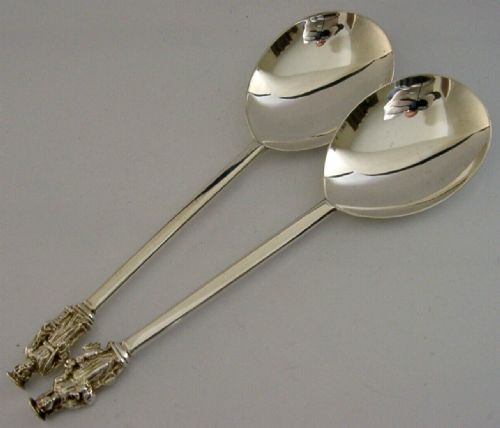 Pair of English Apostle Serving Spoons Sterling Siver London 1887 Victorian Antique 85g