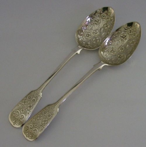 Pair of Heavy 153g Antique Medieval Style Sterling Silver Serving Spoons 1850 Victorian