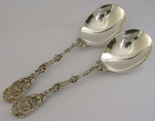 Pair of Victorian Cast Sterling Silver Serving Spoons English Roses 1892 94g Antique