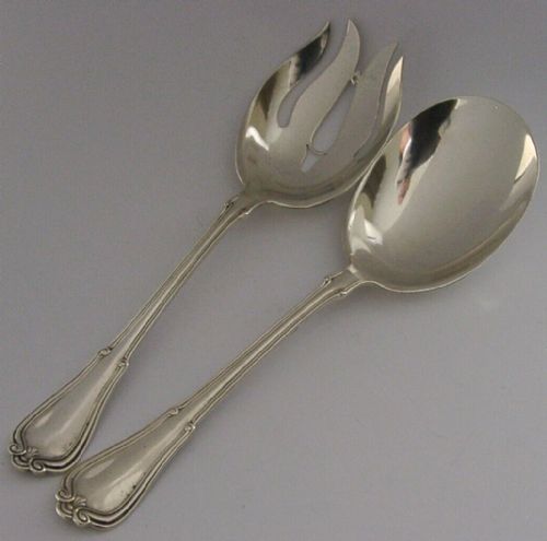 Pair of Heavy 154g American Art Nouveau Sterling Silver Salad Servers 1913 Gorham