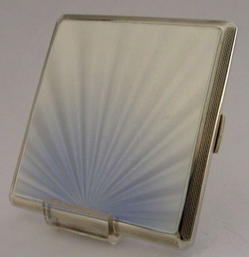 Stunning Sterling Silver Blue White Enamel Cigarette Case 1951 Antique Art Deco