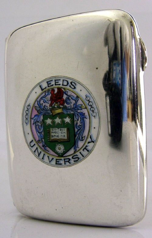 RARE ENGLISH STERLING SILVER ENAMEL LEEDS UNIVERSITY CIGARETTE CASE 1913 ANTIQUE