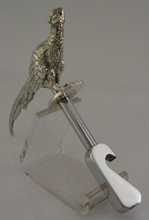 QUALITY STERLING SILVER PHEASANT HANDLED BOTTLE OPENER 1966 BARWARE SHOOTING