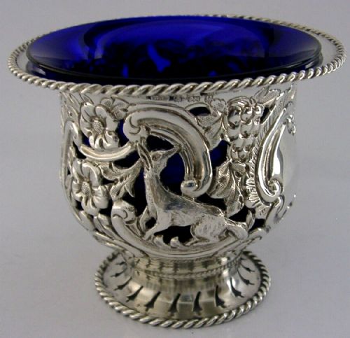 Superb English Sterling Silver Blue Glass Lined Bowl Fox Swan Dog 1904 Antique