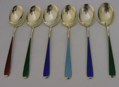 Six Beautiful Norwegian Sterling Silver Gilt Enamel Spoons C1960