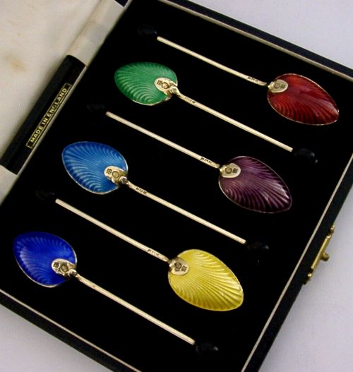SIX STUNNNING ENGLISH STERLING GILT SILVER ENAMEL COFFEE SPOONS 1952 CASED