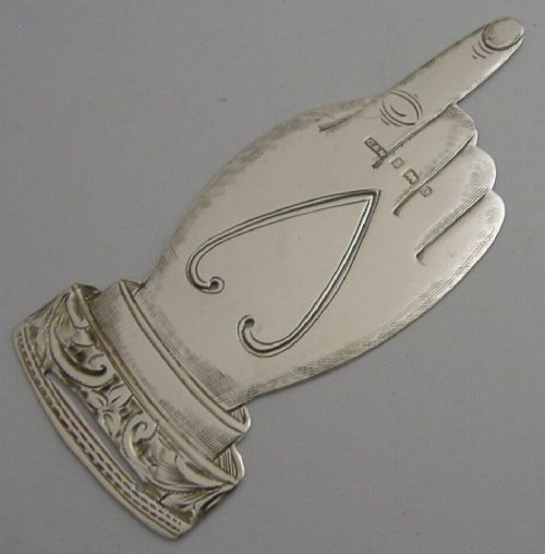 RARE NOVELTY ENGLISH STERLING SILVER HAND BOOKMARK 1904 ANTIQUE