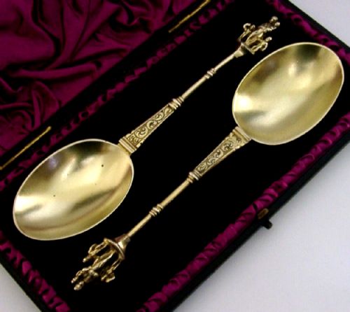 Stunning Pair of Victorian Sterling Silver Religious Serving Spoons 1875 Antique Cased