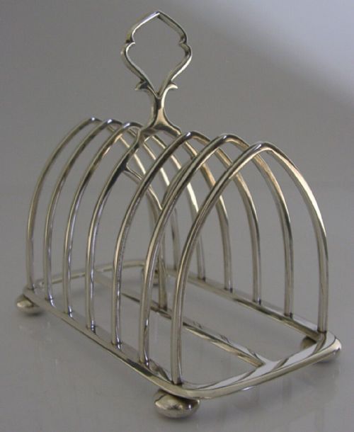Gothic Heavy 162g English Sterling Silver Six Slice Toast Rack 1911 Antique