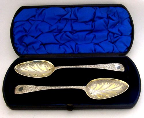 Cased Pair of Georgian Sterling Silver Serving Spoons 1794 Antique 110g Cased