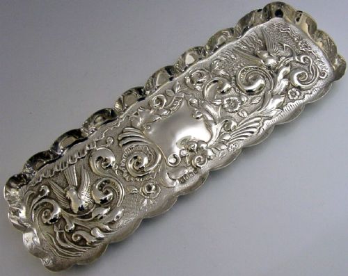 Beautiful Victorian English Solid Sterling Silver Desk Pen Tray Dish 1897 Birds