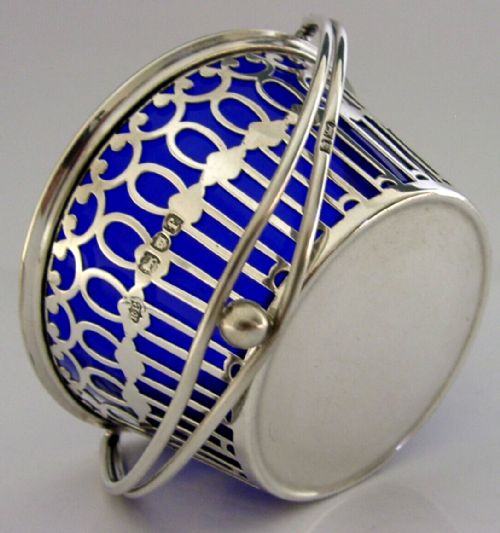 Superb English Sterling Silver Blue Glass Lined Bowl 1901 Antique