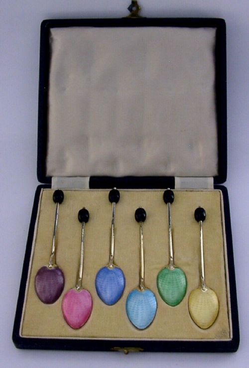 SIX BEAUTIFUL CASED STERLING SILVER ENAMEL SPOONS 1951