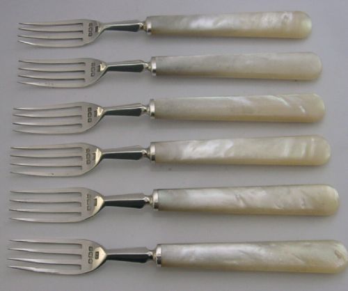 Six Mother of Pearl Sterling Silver Forks Antique 1923 Afternoon Tea Antique 148g