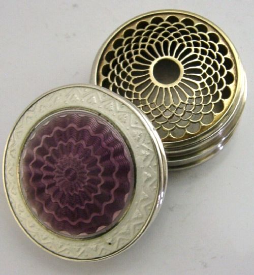 BEAUTIFUL STERLING SILVER PURPLE WHITE ENAMEL VINAIGRETTE BOX 1911 ANTIQUE