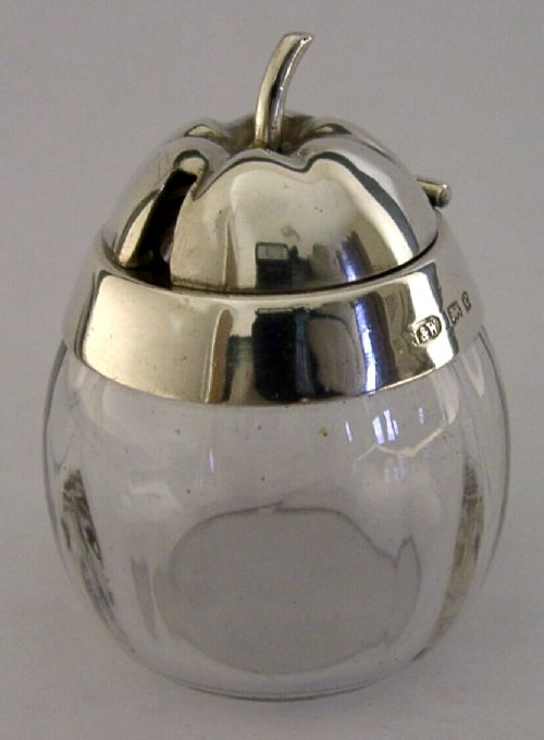 NOVELTY ENGLISH EDWARDIAN SOLID STERLING SILVER GLASS APPLE MUSTARD 1902 ANTIQUE