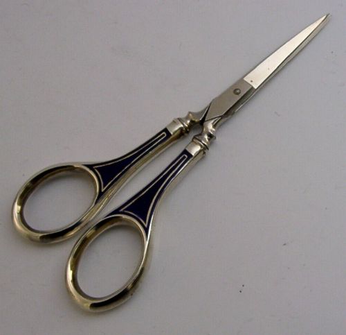 RARE STERLING SILVER ENAMEL SEWING NEEDLEWORK SCISSORS ANTIQUE c1920