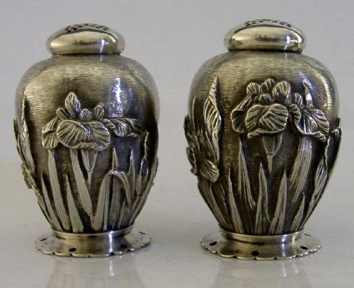 Pretty Pair of Japanese Sterling Silver Pepper Pots Iris Flowers C1900-1920 Antique 73g