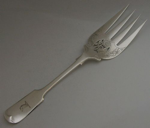 Heavy 106g English Antique Sterling Silver Baird Family Crest Serving Fork 1893