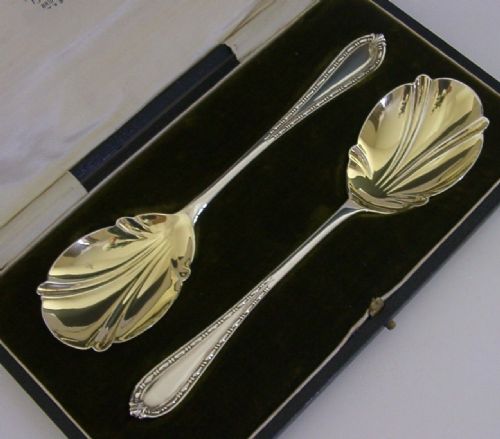 Beautiful Pair of English Solid Sterling Silver Serving Spoons 1915 Bridgewater