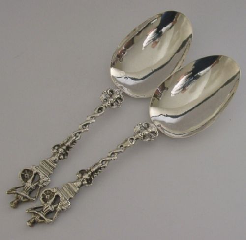 Unusual Pair of Dutch Solid Silver Spinning Wheel Serving Spoons 1890 Antique 116g