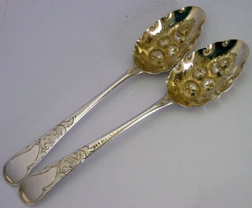 Pair of English Antique Sterling Silver Berry Serving Spoons 1783 Georgian Antiques