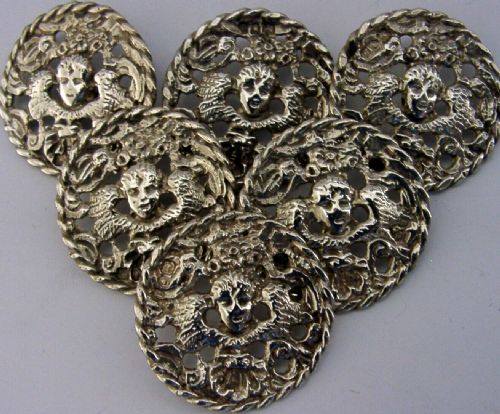 Six Victorian Beautiful Large Solid Sterling Silver Cherub Buttons 1899 Antique 40g